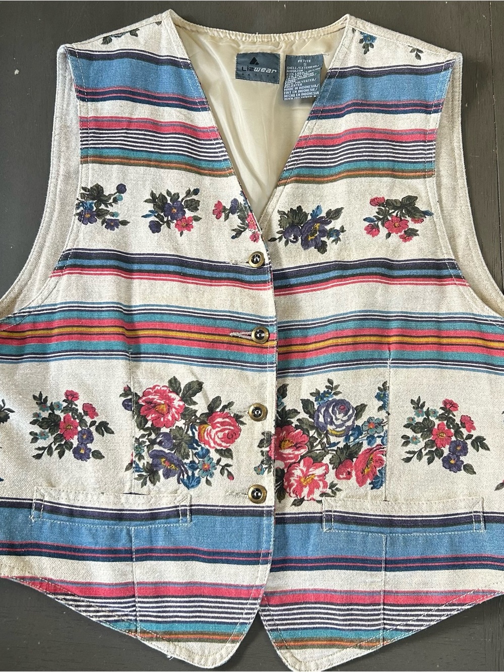 Vintage Lizwear Floral Stripe Button-Front Vest. Grandma core cottage core.